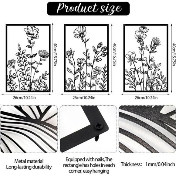 Black Metal Flower Wall Art Set Abstract Minimalist Decor for Bedroom Living - Picture 2 of 8